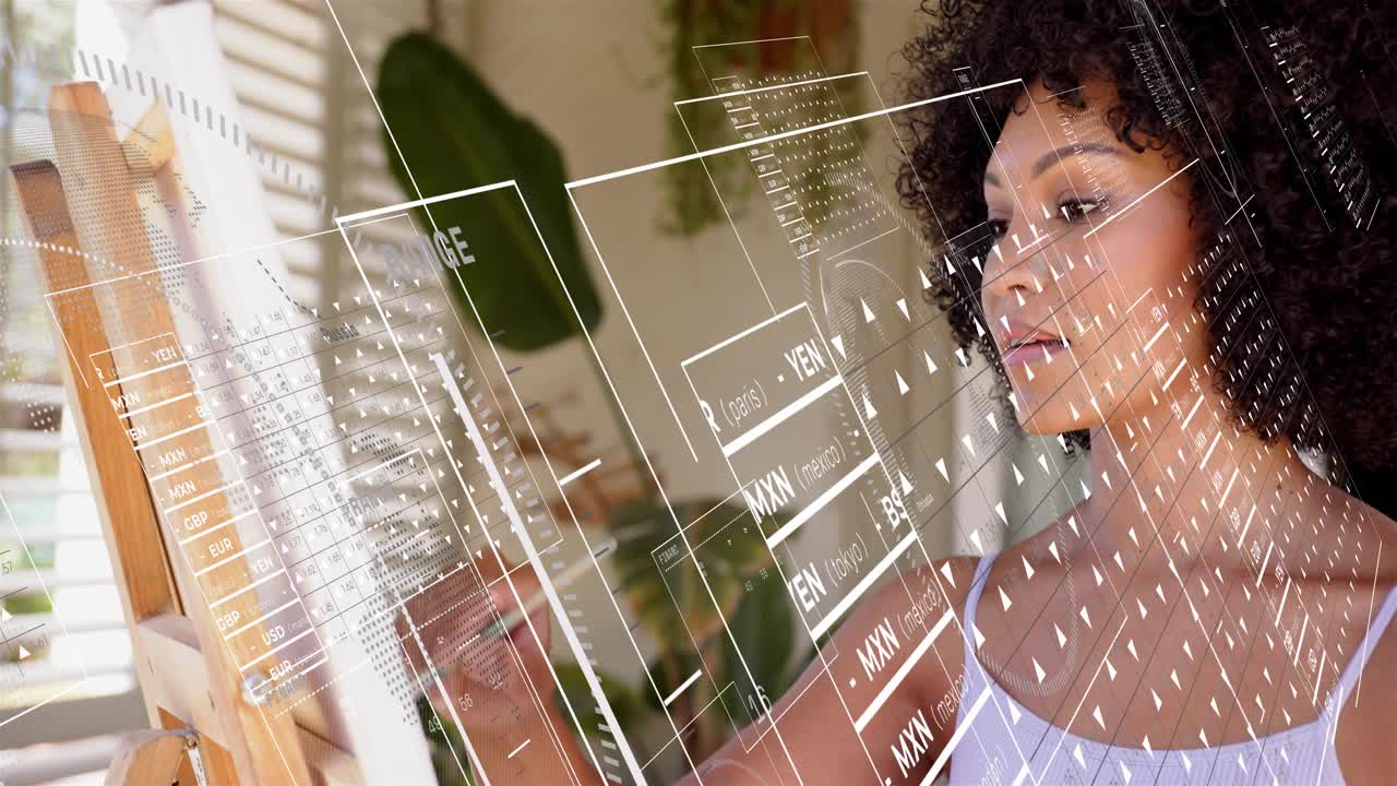 Female artist viewing canvas, raising brush at easel, making art while HUD obscuring then fading