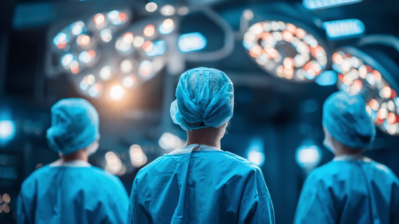 Tým chirurgů se připravuje na operaci pod jasným chirurgickým osvětlením na operačním sále a zaměřuje se na přesnost a týmovou práci ve zdravotnickém prostředí.