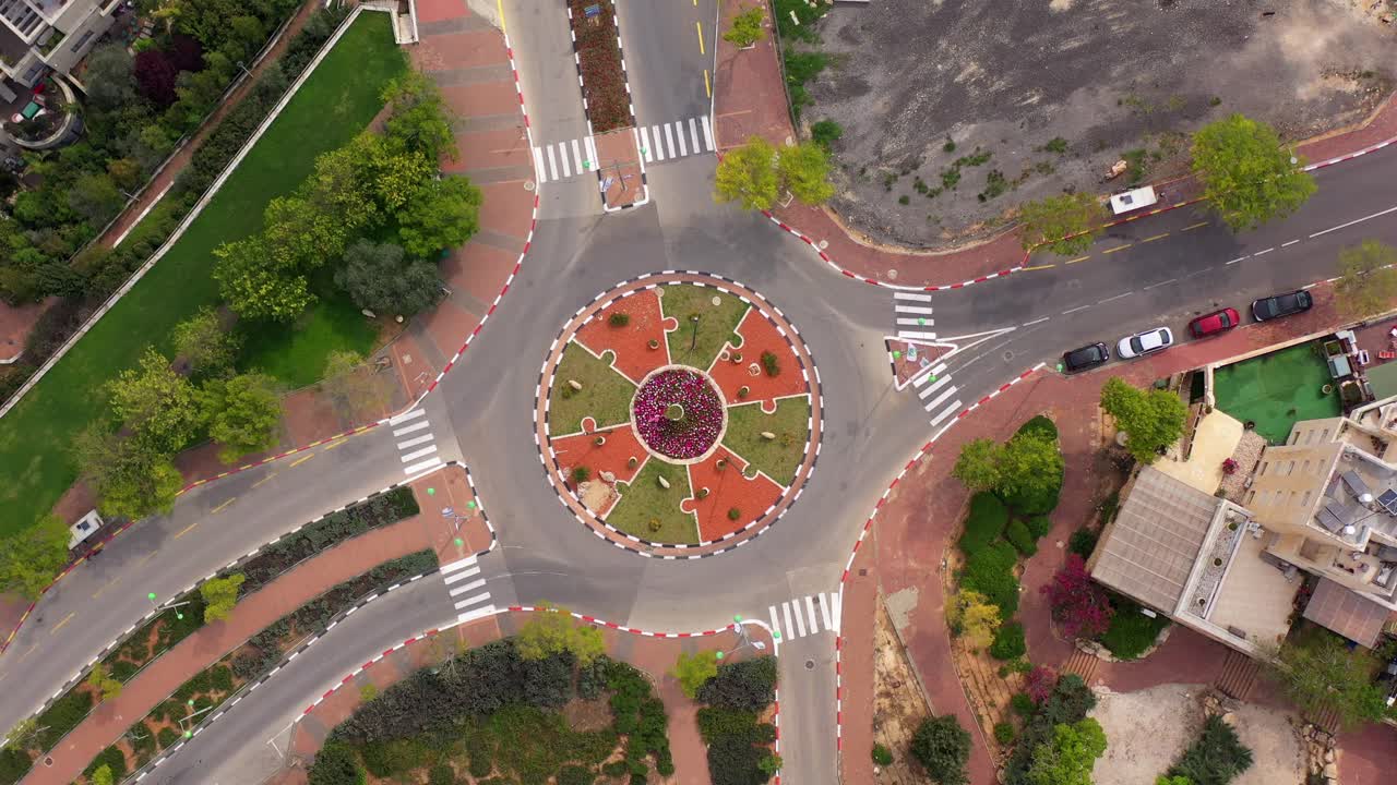 Aerial View of a Modern Traffic Roundabout with Landscaping
