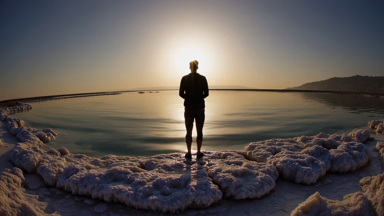 Person standing on the shore of the Dead Sea at sunrise