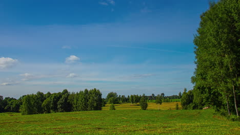 Cinematic-time-lapse-of-clouds-moving-fast-in-the-sky-over-a-grassy-field-with-trees,-Timelapse