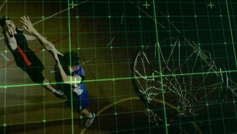 basketball players in action with data analysis animation over court