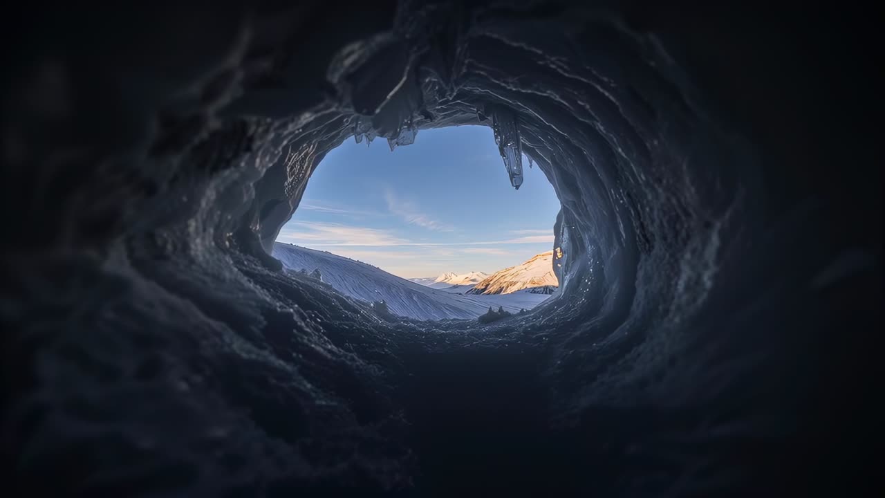 カメラを引いて、雪に覆われた谷に開いた氷のトンネルを映し出し、日光が当たる尾根とつららを捉えます。