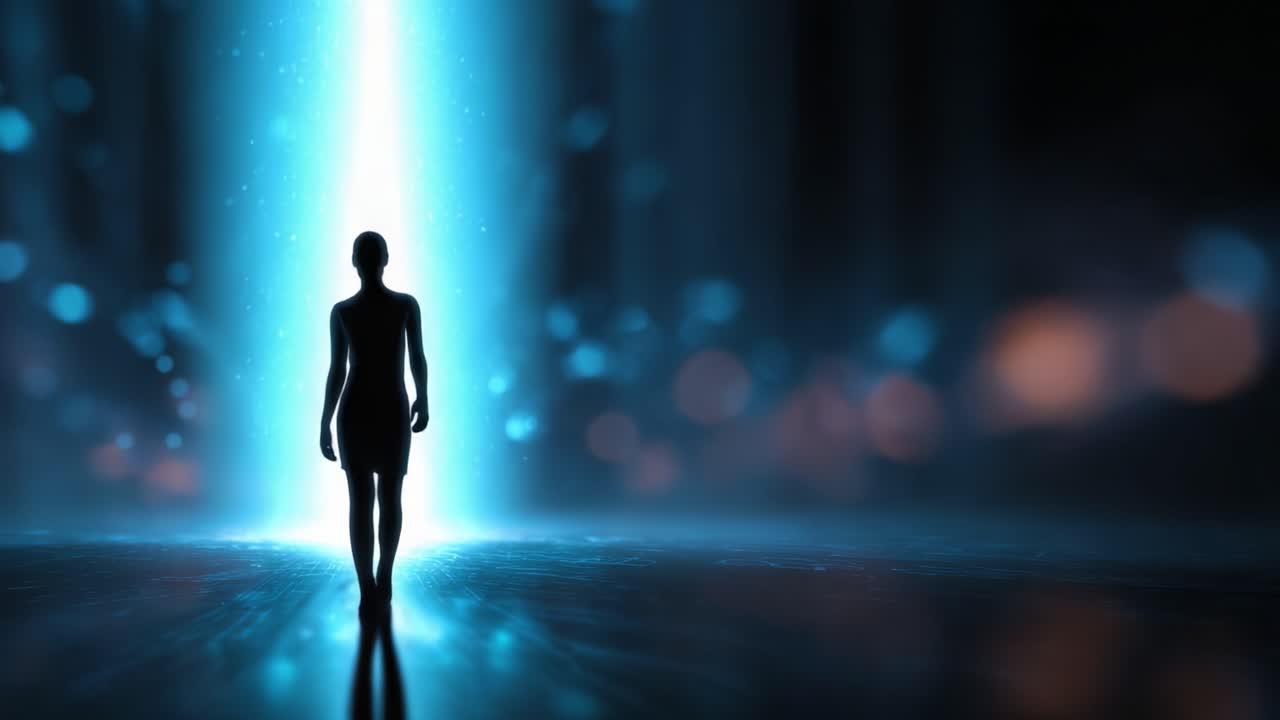 A lone figure stands against a mesmerizing backdrop filled with glowing blue lights, creating an ethereal atmosphere that captivates and intrigues the imagination
