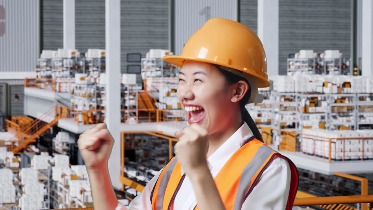 안전 헬을 입은 아시아 여성 엔지니어의 가까운 측면 뷰, 서서 비명을 지르는 목표, 배달 상품으로 가득 찬 선반으로 창고에서 일을 축하하는