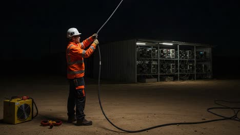 a dedicated worker in high-visibility gear carefully manipulates equipment during a night operation in an industrial setting, highlighting safety and precision