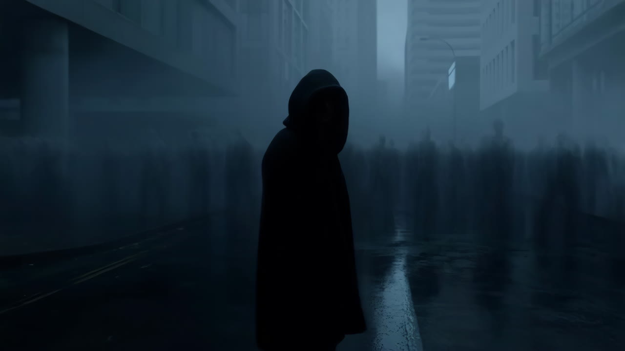 A Mysterious Hooded Figure Walks Through a Foggy, Desolate City Street
