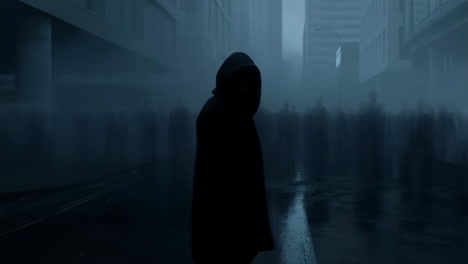 a mysterious hooded figure walks through a foggy, desolate city street