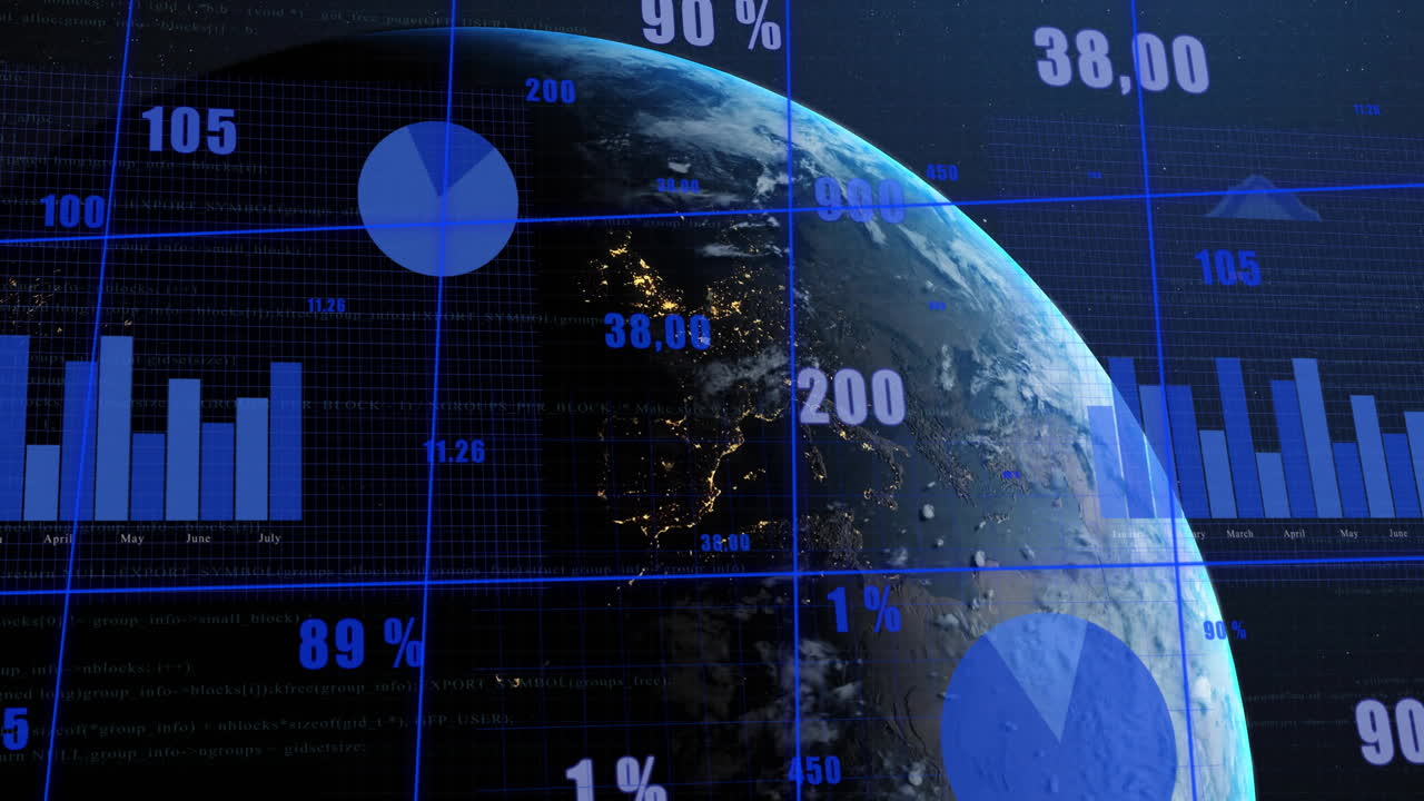 Global statistics and data visualization animation over rotating Earth