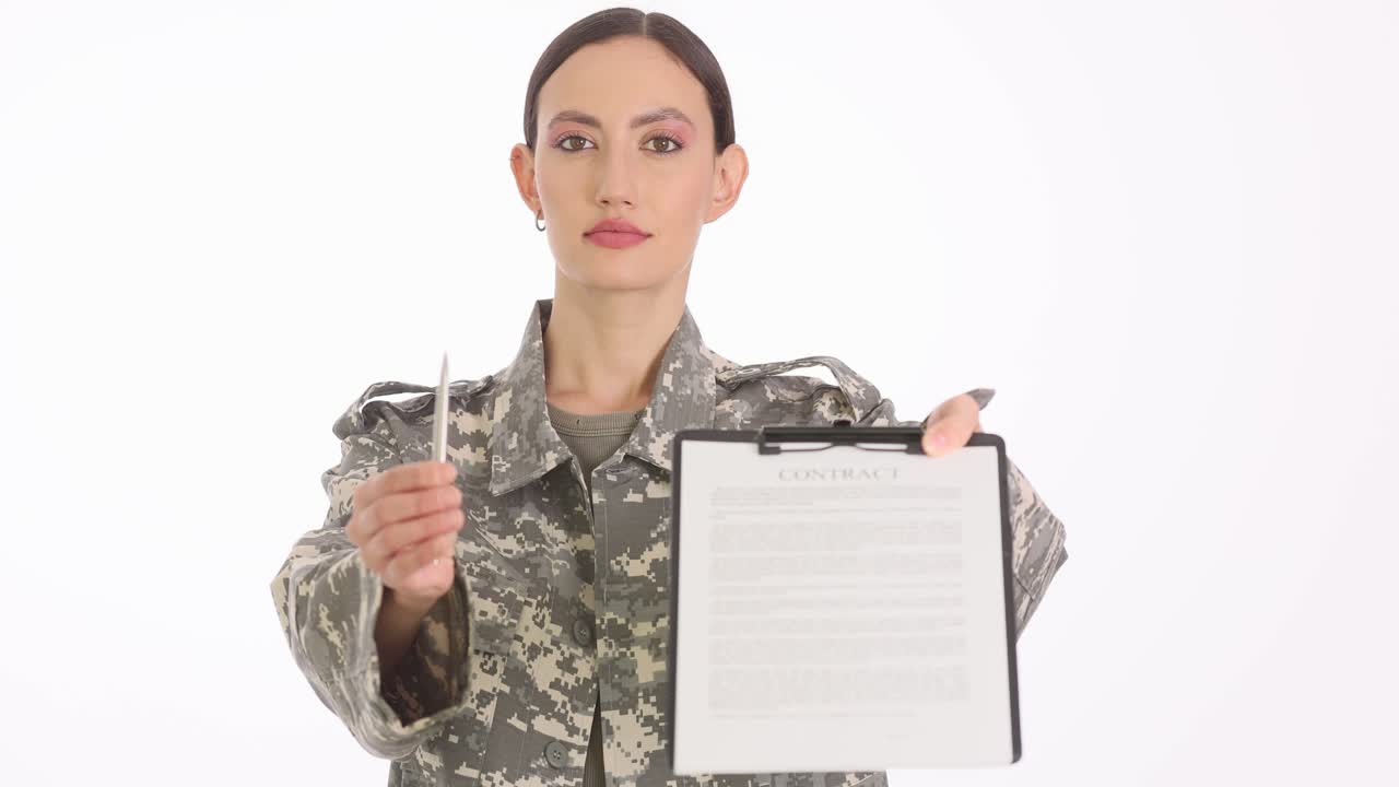 Female Soldier Presenting a Contract and Pen