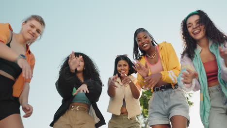 Friends,-dance-and-below-of-group-of-women