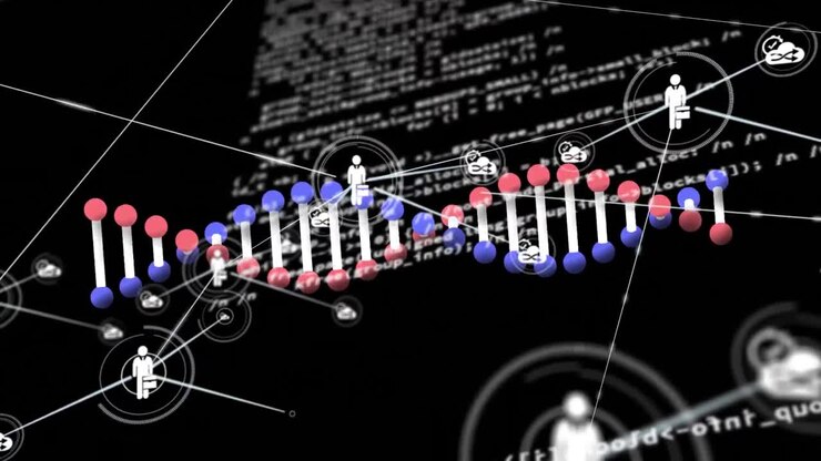 Animation of dna strand, network of connections and data processing over black background