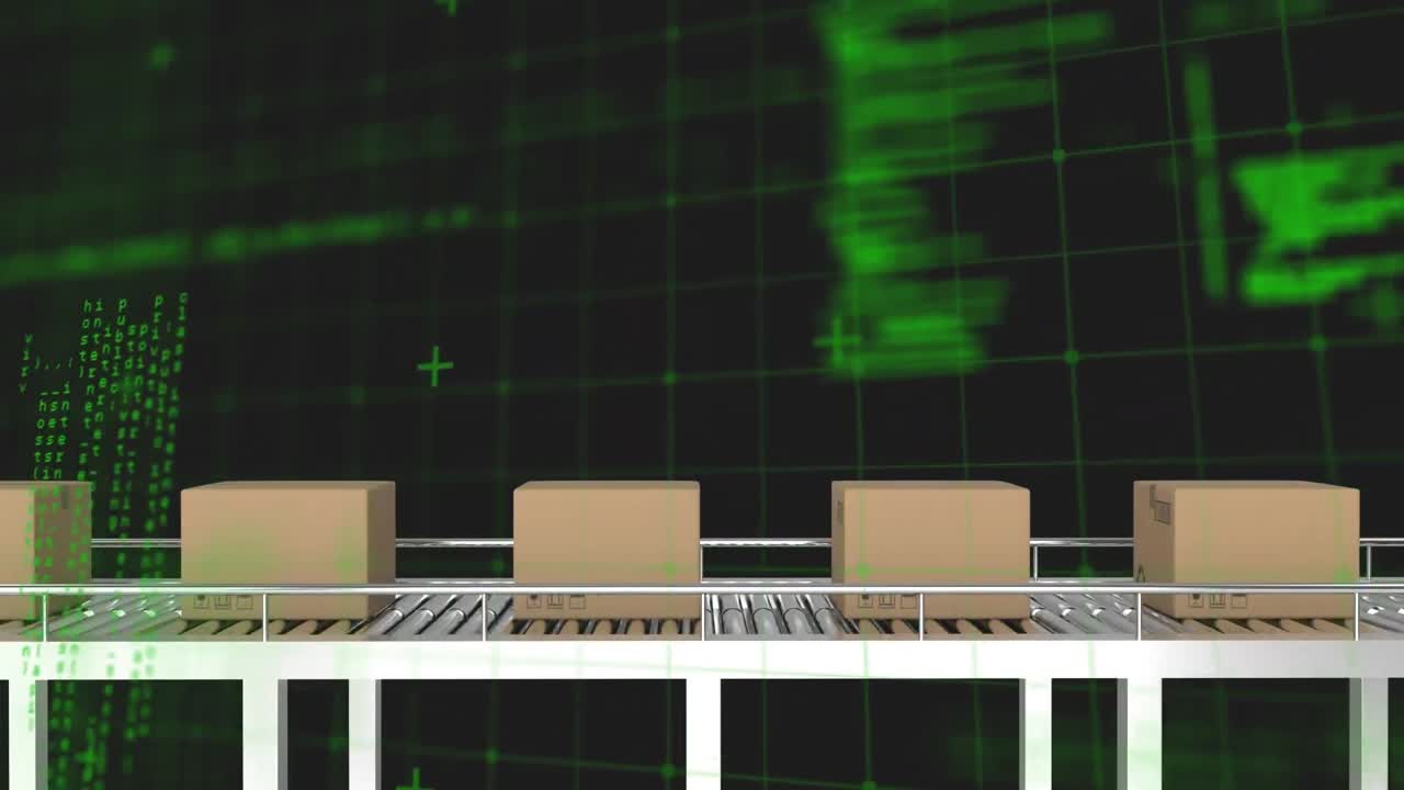 컨베이어 벨트에 있는 여러 배달 상자에 대한 그리드 네트워크를 통한 데이터 처리