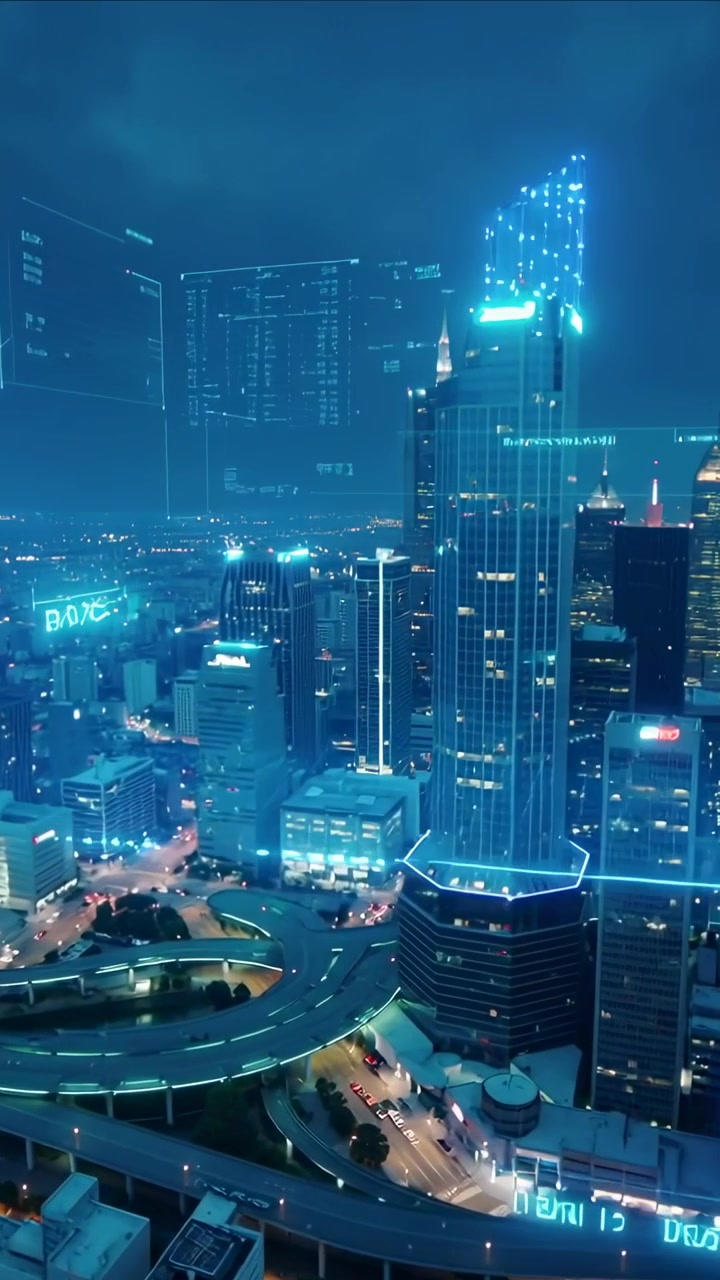 Video verticale: Banda olografica che appare e scansiona una torre esagonale sul centro città di notte, mappando le facciate in vetro.