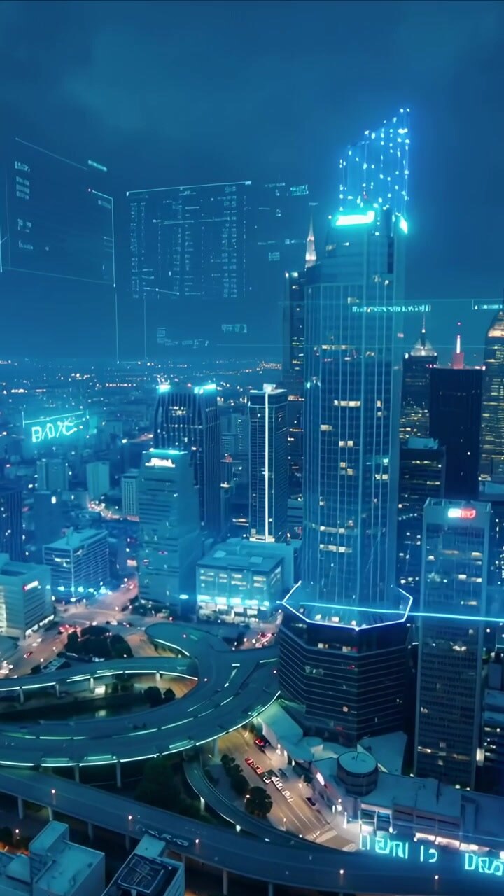 Video verticale: Banda olografica che appare e scansiona una torre esagonale sul centro città di notte, mappando le facciate in vetro.