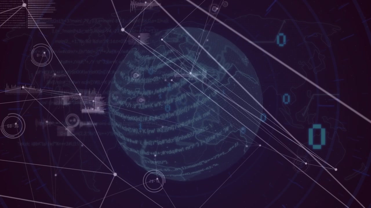 Animation of connections and data processing on digital screen with globe