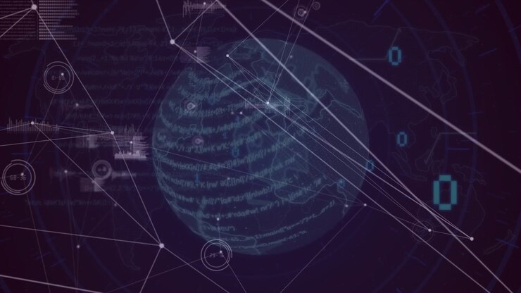 Animation of connections and data processing on digital screen with globe