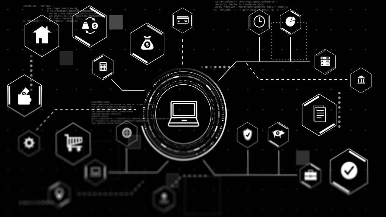 Animation of laptop and business icons with data processing over black background