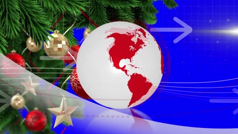 Animation-Von-Globus-Und-Pfeilen-über-Weihnachtsdekorationen