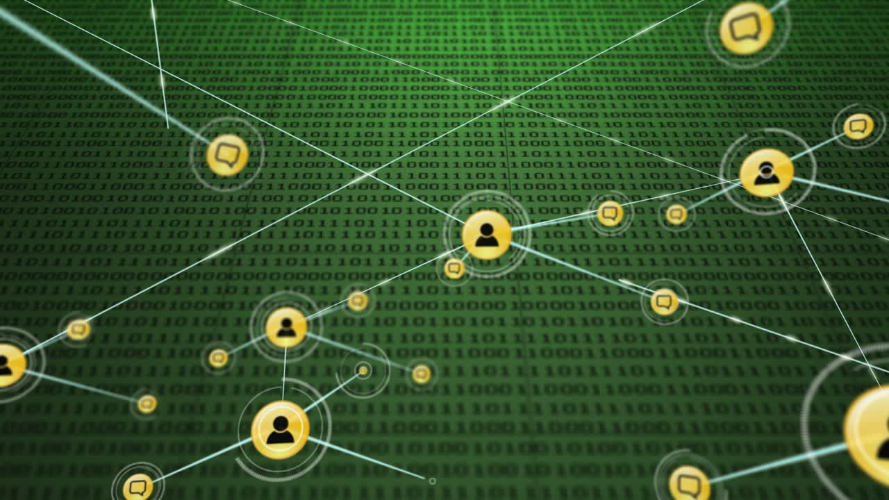 녹색 배경에 디지털 아이콘 네트워크와 바이너리 코딩의 애니메이션