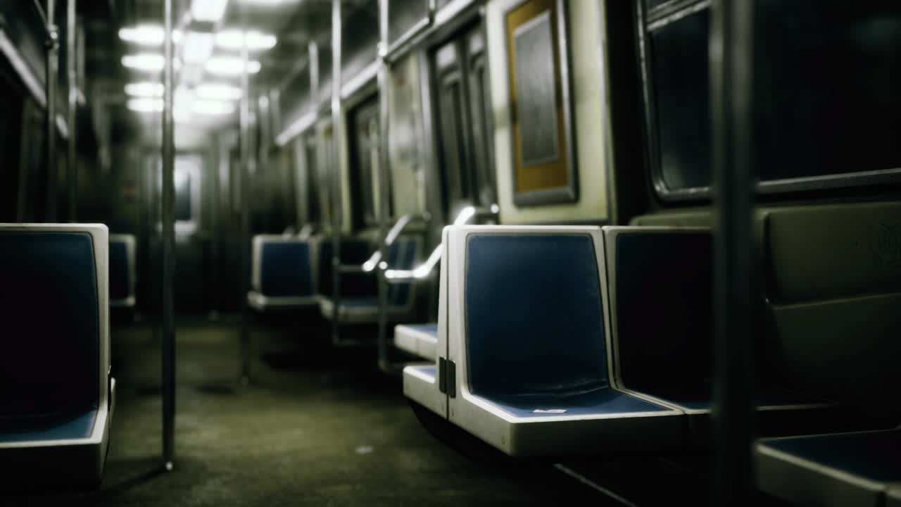 Lonely subway interior in dim lighting showcasing empty blue seats