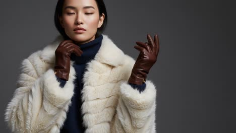 elegant fashion portrait of a model in a luxurious fur coat and chic gloves, captured in a dramatic lighting setting to highlight style and sophistication