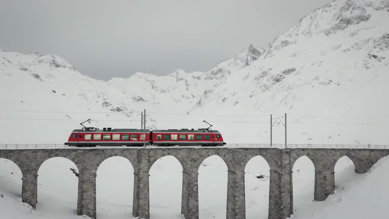 Trem vermelho atravessando um viaduto de montanha nevado no inverno