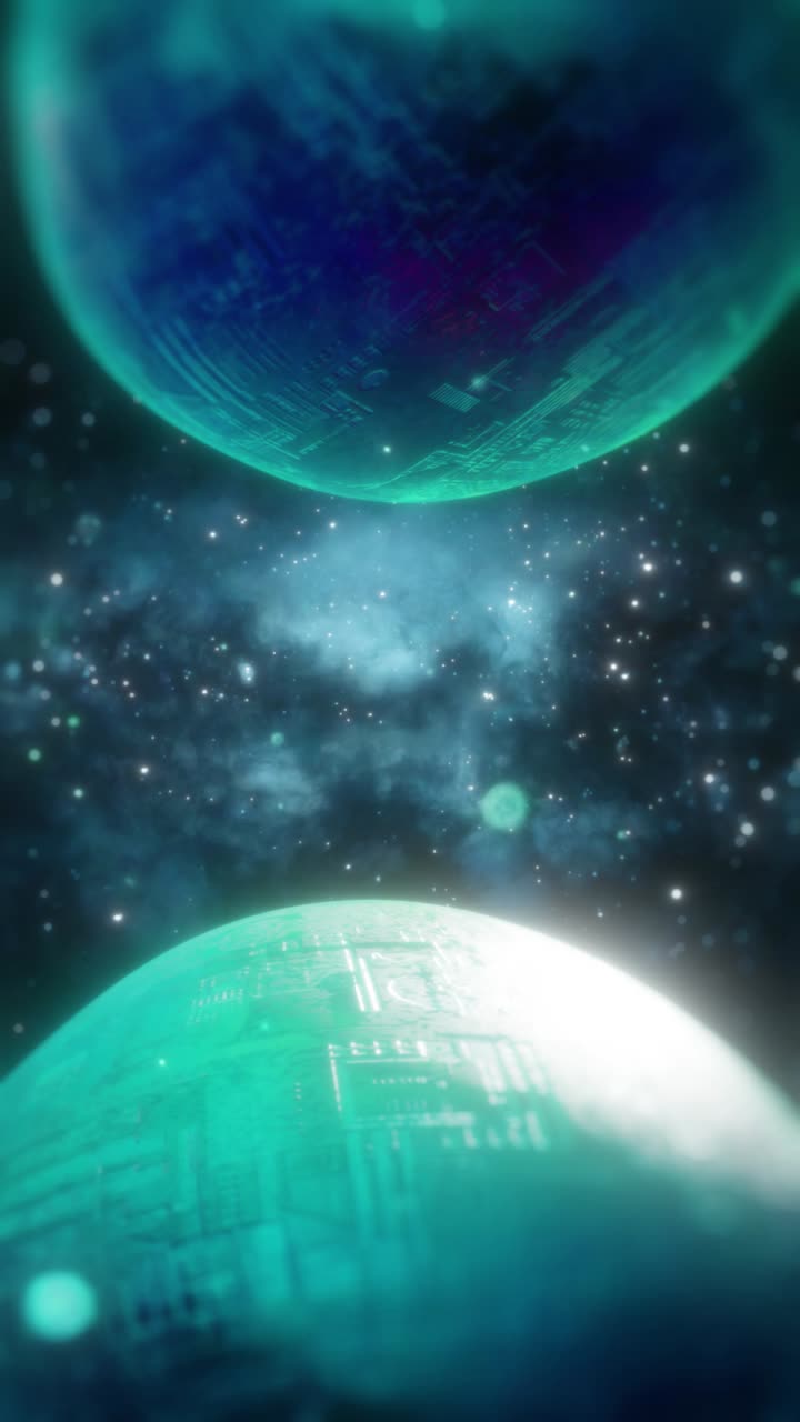 Abstract Digital Planets with Glowing Circuit Patterns in Space