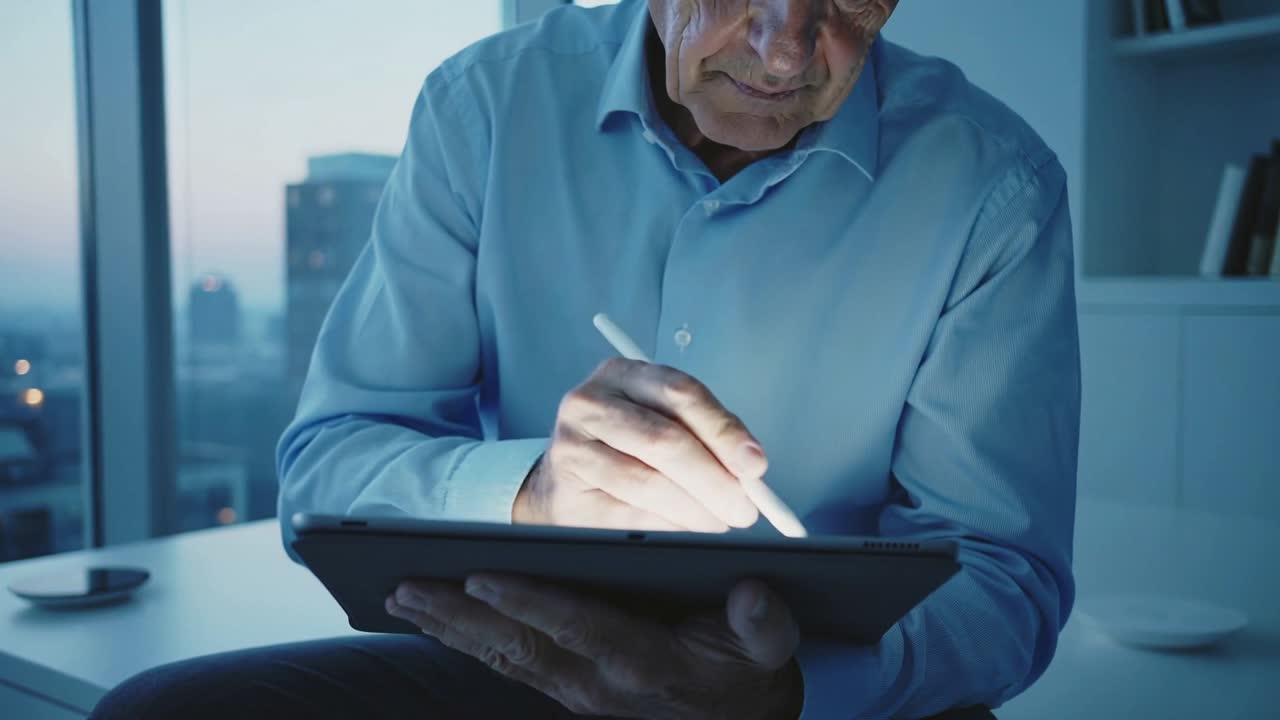 Bringing stylus down, man in blue shirt making strokes, adjusting grip, working on tablet high-rise