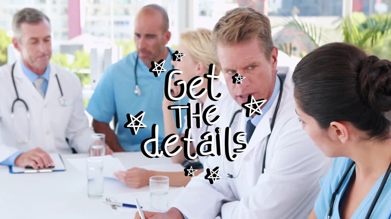 In school, medical team discussing with animation of text and star graphics