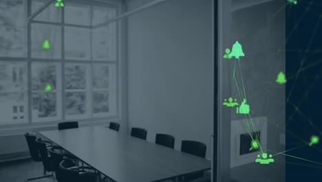 animation of two globes of digital icons spinning against empty meeting room at office