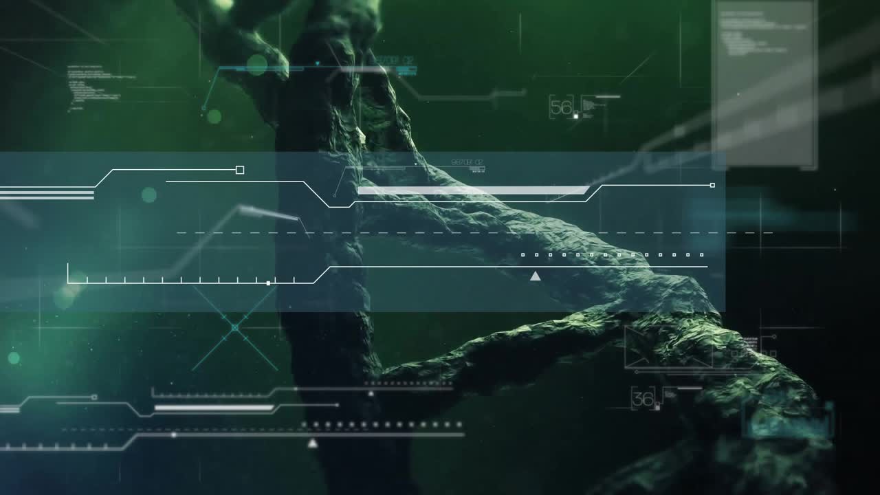Emerging glowing DNA strand forming and rotating in UI, with HUD panel visualizing genetic data