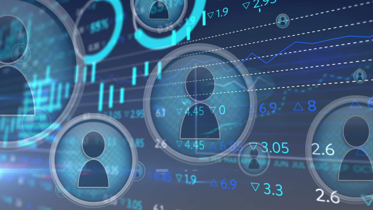 animación de los iconos de perfil, múltiples gráficos y tablero de negociación sobre un fondo negro