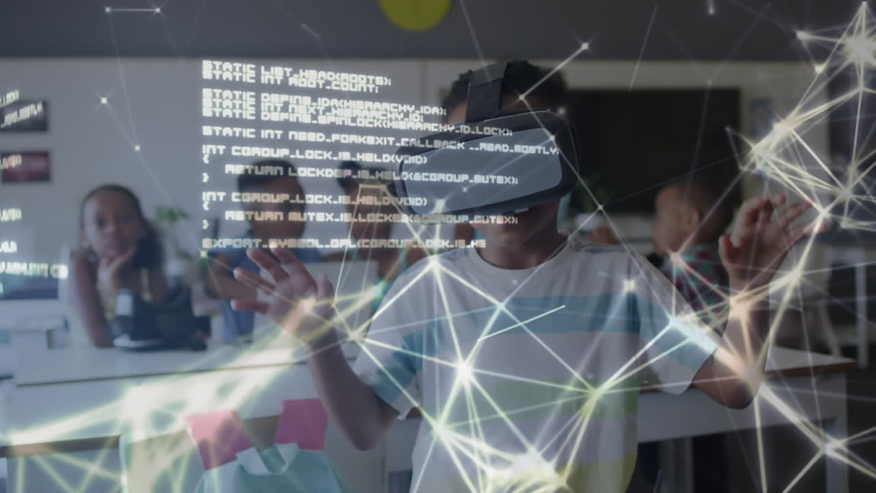 animación de red y datos sobre escolar afroamericano en auriculares vr en clase