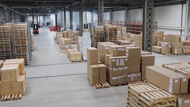 Spacious Industrial Warehouse Filled With Pallets, Rows Of Shelving Racks, Stacked Cardboard Boxes And Wooden