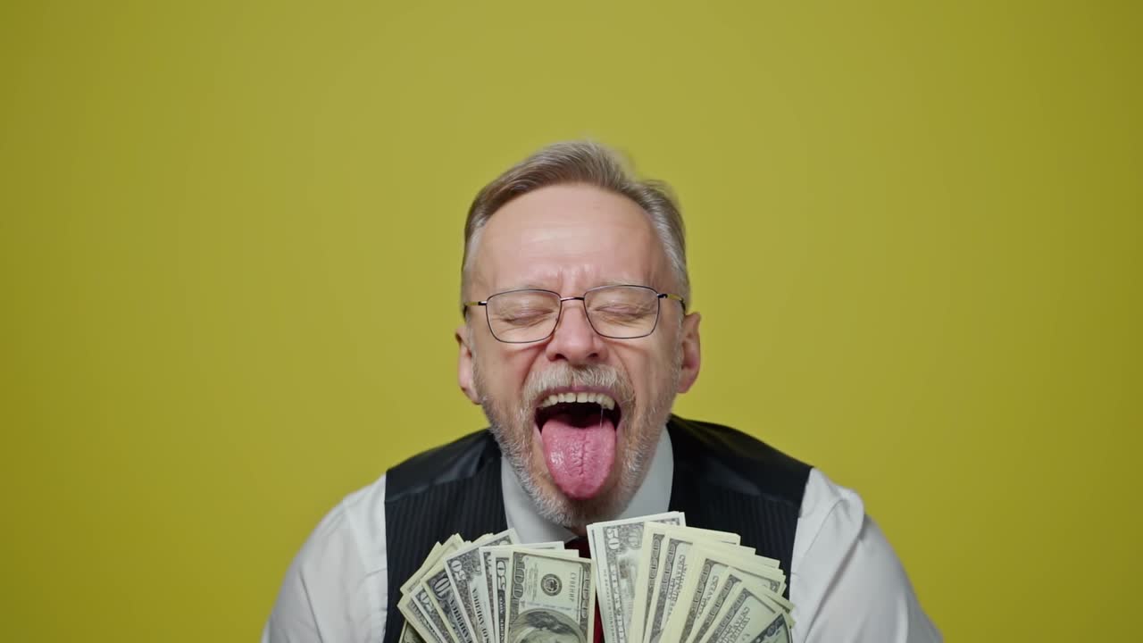 Portrait of happy senior man with money. Mature man in glasses holds many dollar bills and opens his mouth with joyfulness on yellow background. Slow motion.