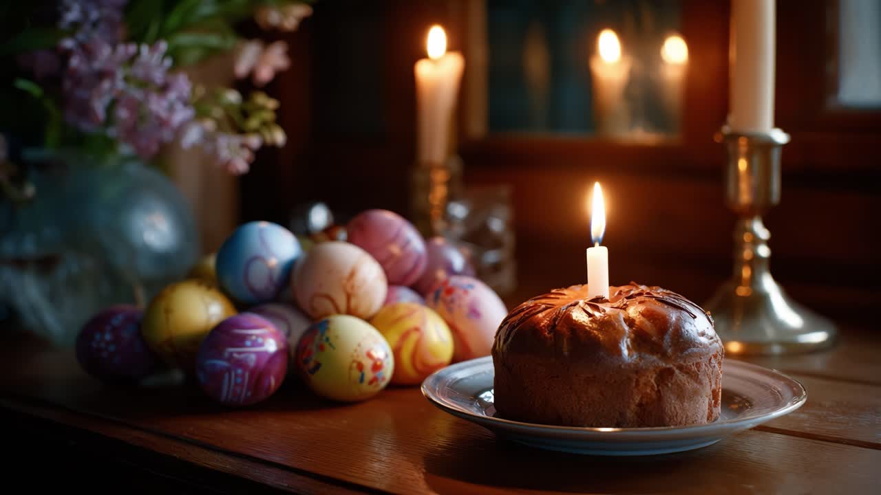 A beautifully decorated Easter cake with a lit candle sits on a plate beside a collection of brightly colored Easter eggs, creating a festive atmosphere