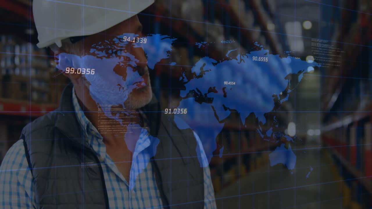 Animation of financial data processing and world map over biracial worker in warehouse