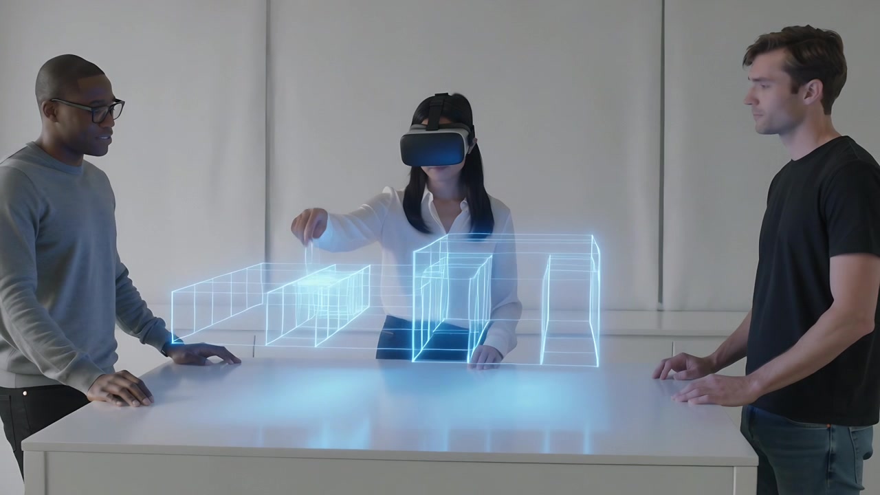 Tager VR-headset på, kvinde i hvid bluse manipulerer hologramblokke ved demobord til anmeldelse