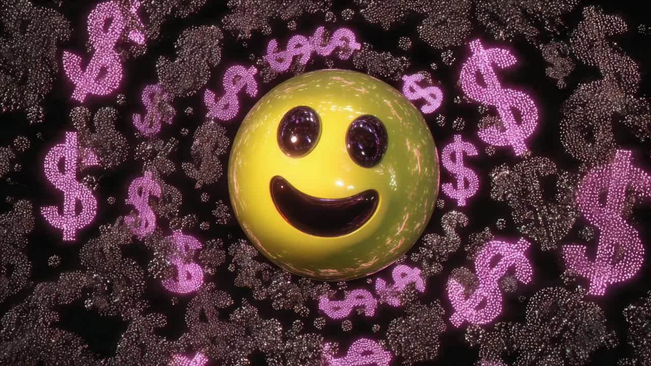 A vibrant and cheerful representation of happiness surrounded by swirling money symbols, depicting the interplay between joy and wealth in a colorful and dynamic visual