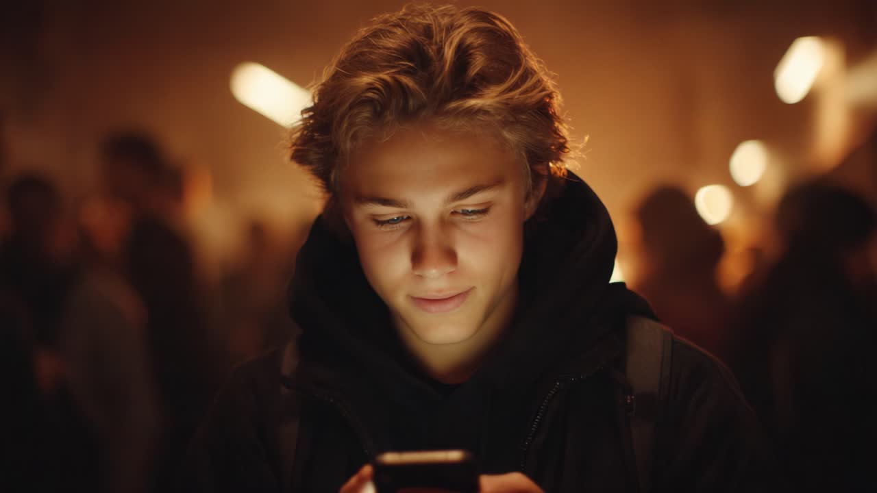 A focused young man engrossed in his smartphone, illuminated by warm ambient light, amidst a bustling crowd of people in the background, showcasing modern youth culture