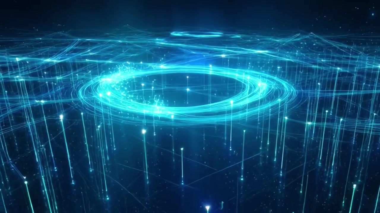 发光数据粒子与圆形波纹的抽象数字网络可视化