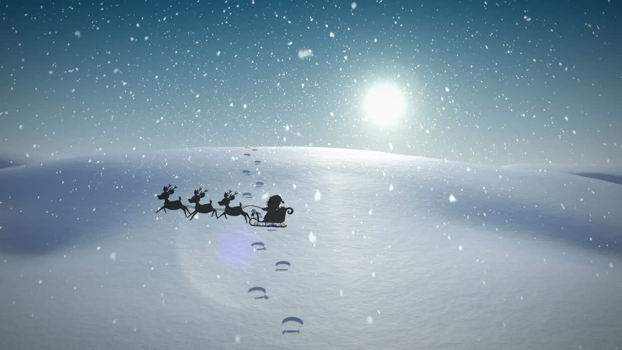 Animation of santa claus in sleigh with reindeer passing over snowy winter scenery