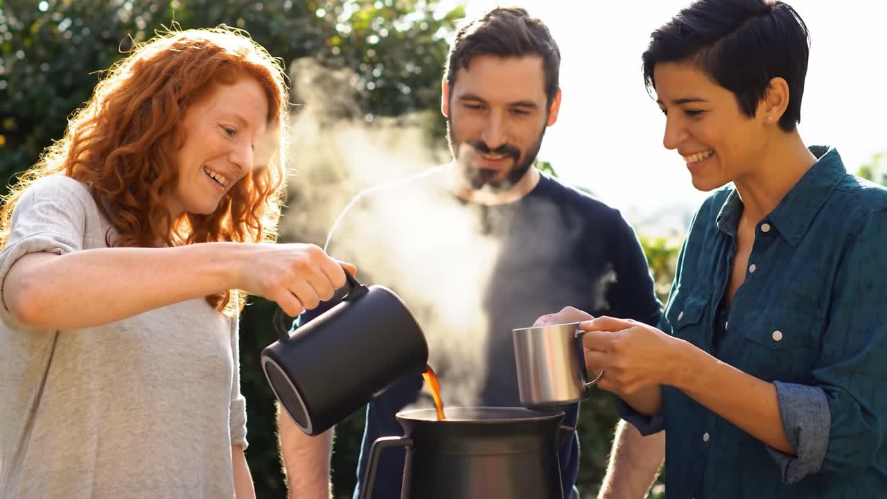 Joyful Friends Enjoying Coffee Outdoors, Sharing Laughter and Warm Beverages in a Beautiful Natural Setting with Sunlight Glowing Around Them