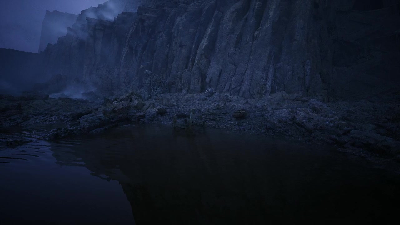 Serene dusk by basalt cliffs and tranquil shallow pool with textured surface