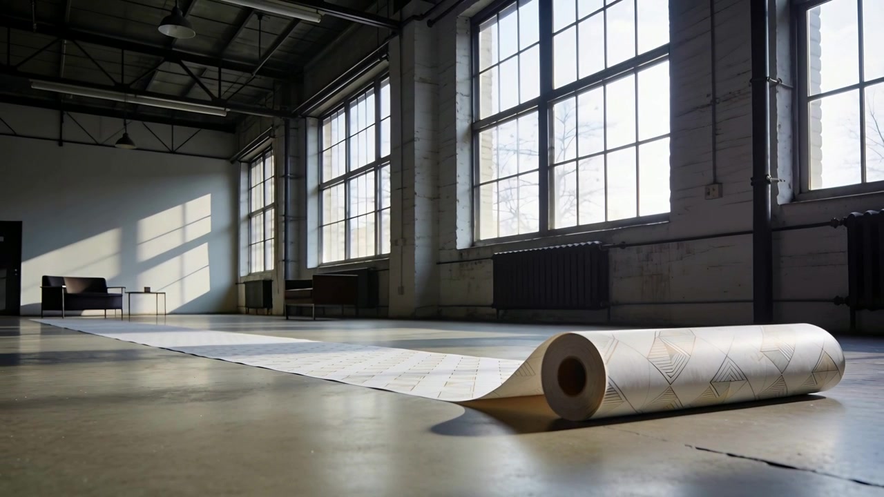 Unrolling patterned paper roll extending across warehouse floor showing windows and sofa