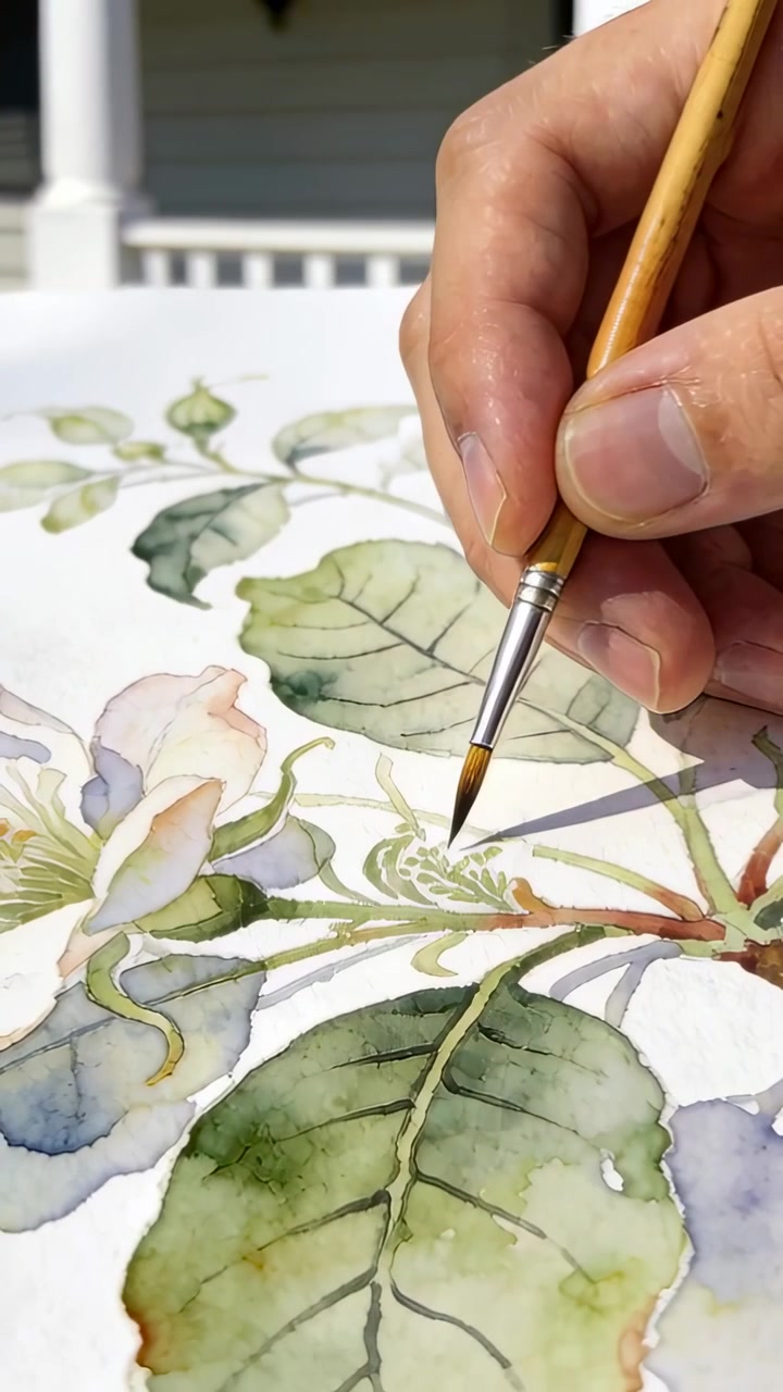 Video verticale: Punta del pennello che tocca la carta, la mano destra dell'artista inizia a dipingere venature di foglie sul portico