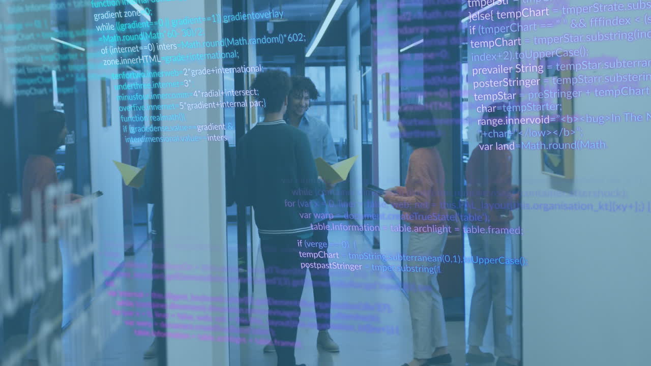 animación del procesamiento de datos contra un equipo de diversos colegas discutiendo juntos en la oficina