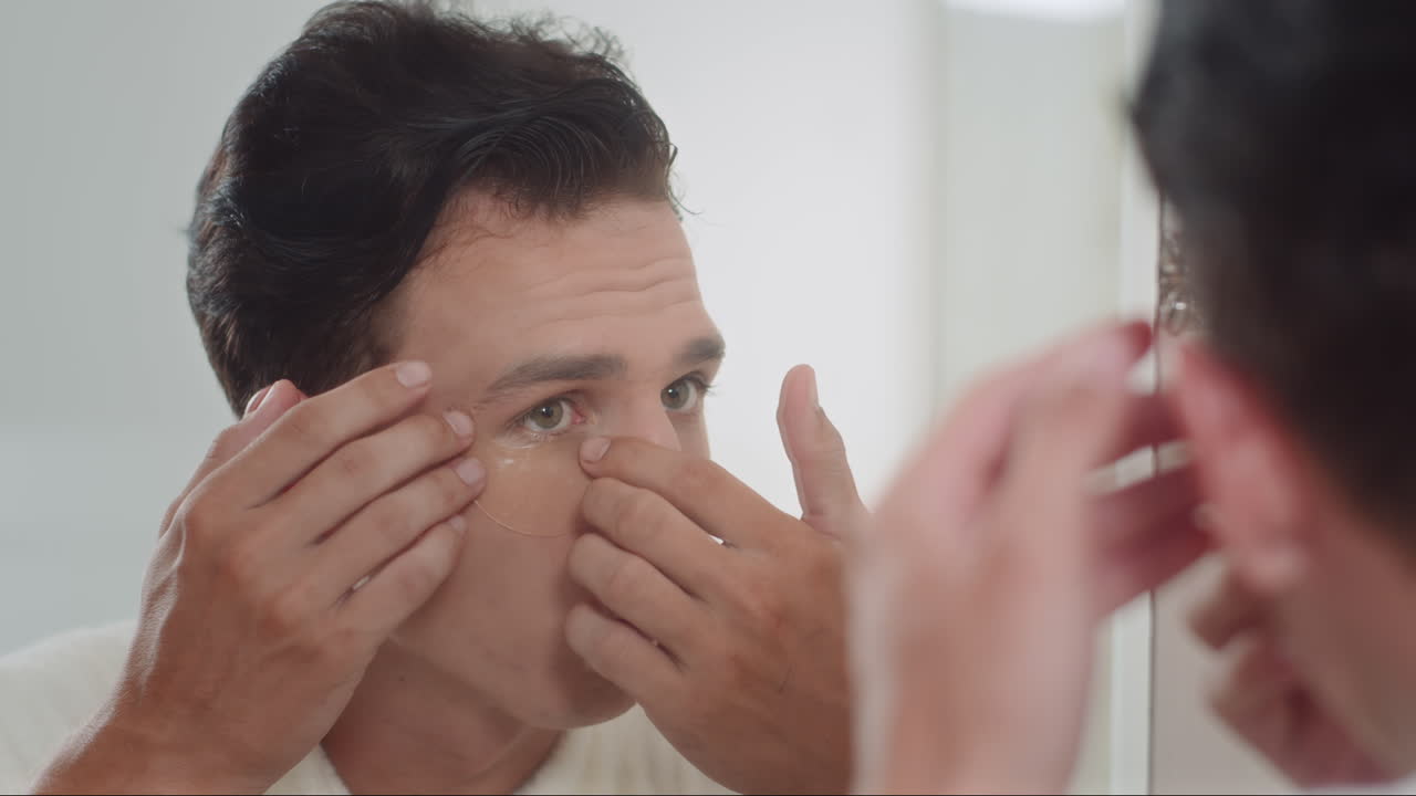 Young Man Applying under Eye Patches in front of Mirror