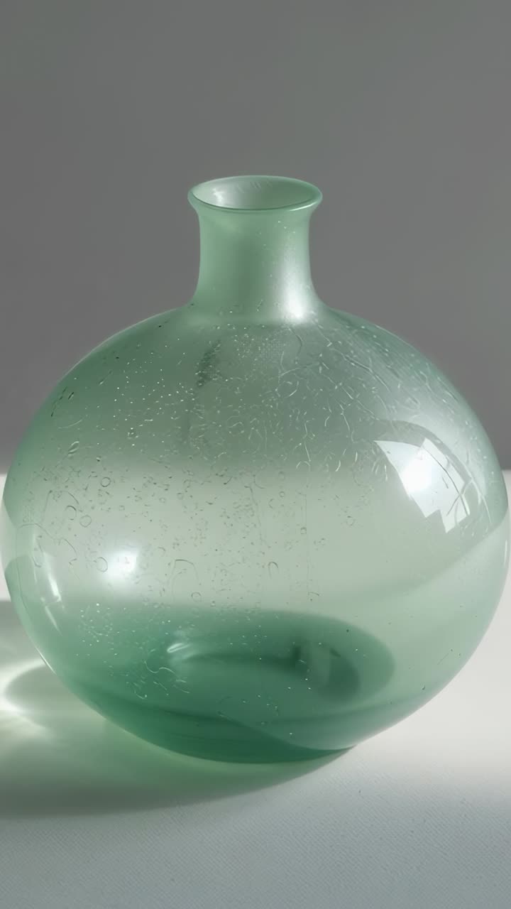 Vidéo verticale : caméra en mouvement et lumières révélant un vase en verre vert sur une table de studio avec des bulles
